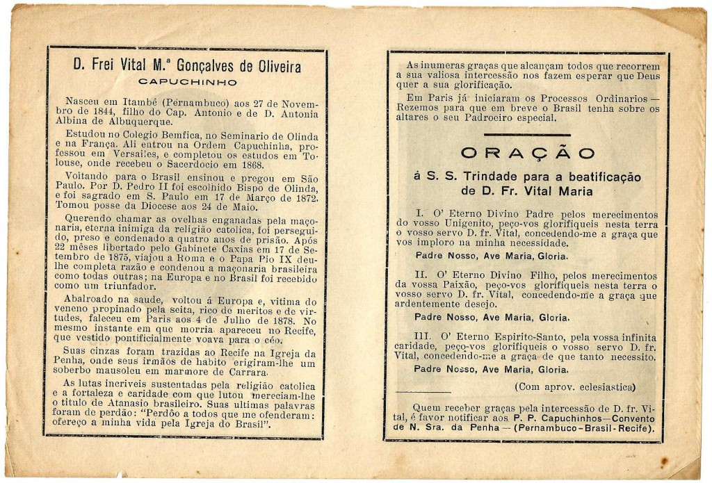 Biografia de Dom Vital e oração pela sua beatificação