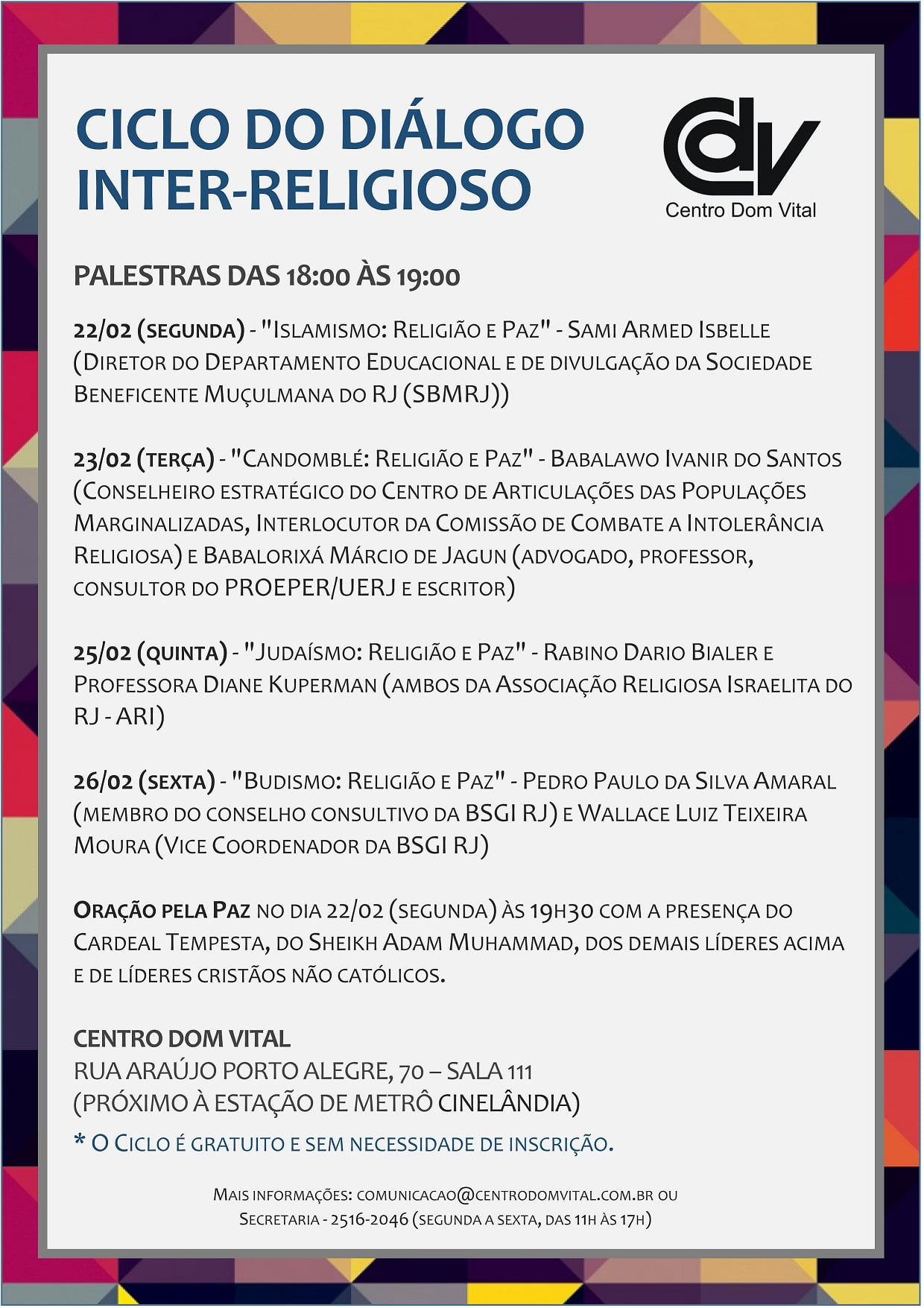 CICLO DO DIÁLOGO INTER-RELIGIOSO - Palestras das 18h às 19h30