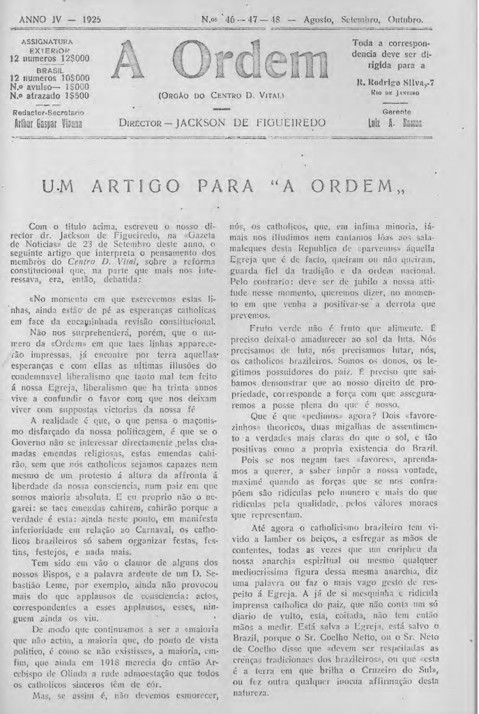 Nº 46, 47 e 48 - Agosto a Outubro de 1925 - Centro Dom Vital