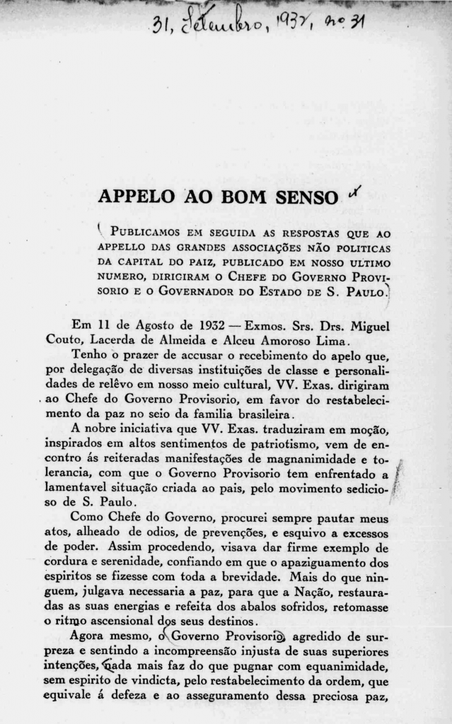 Nova Série Nº 31: Setembro de 1932 - Centro Dom Vital