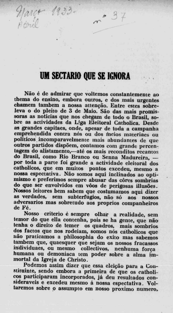Nova Série Nº 37: Março e Abril de 1933 Nova Série Nº 37: Março e Abril de 1933 - Centro Dom Vital